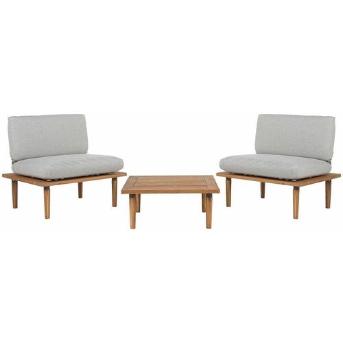 4251682203296 - Beliani - Lounge Set Hellbraun Akazienholz 3-Teilig 2 Sessel mit Couchtisch Auflagen Hellgrau Modern Outdoor Terrasse Balkon Gartenset Gartenmöbel Set