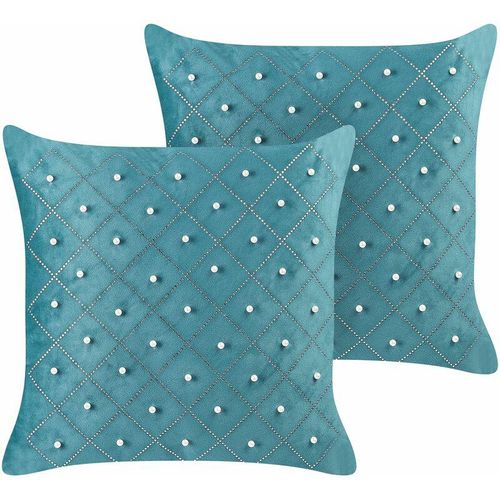 4255664822215 - Beliani - Dekokissen 2er Set Türkis aus Samt 45 x 45 cm Quadratisch mit Dekorativen Elementen Glamour Edel Elegant für Wohnzimmer Schlafzimmer Sessel