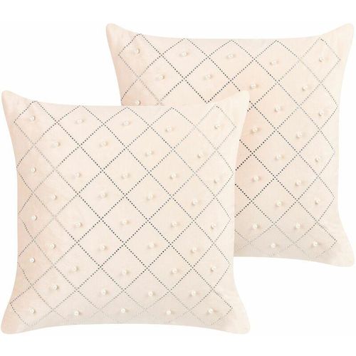 4255664822208 - Dekokissen 2er Set in Beige aus Samt 45 x 45 cm Quadratisch mit Dekorativen Elementen Glamour Edel Elegant für Wohnzimmer Schlafzimmer Sessel - Beige