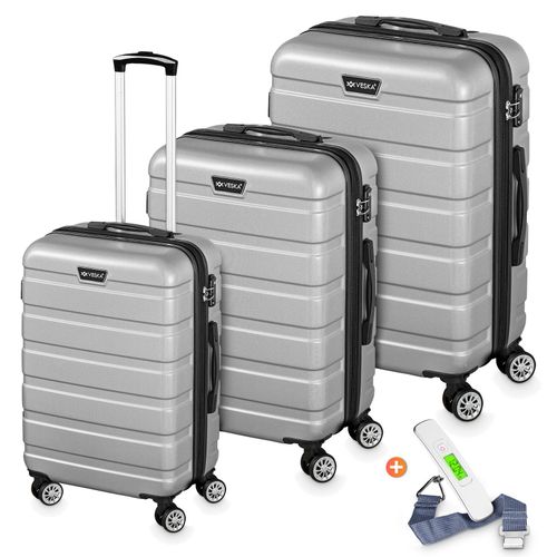 4054748019257 - Veska Hartschalenkoffer Kofferset Nizza 3 teilig mit TSA Zahlenschloss 4 Rollen ABS-Hartschale Reisekoffer Trolley Rollkoffer Koffer - silber