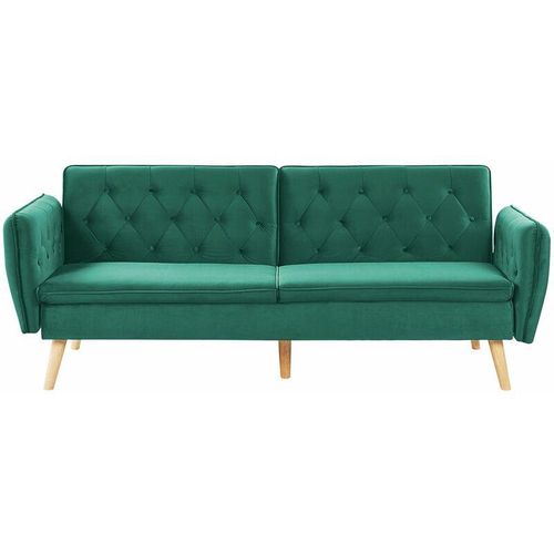 4251682249997 - Beliani - Sofa Grün Samtstoff 2-Sitzer Schlaffunktion Modern Praktisch Wohnzimmer Schlafzimmer - Heller Holzfarbton