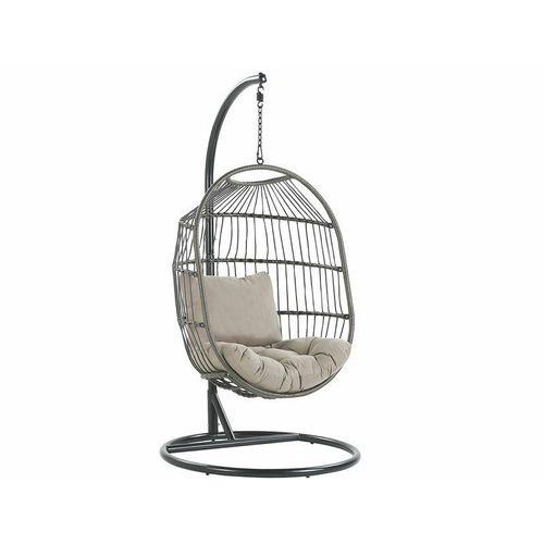 4251682271103 - Beliani - Hängesessel mit Metallgestell Schwarz Rattan   Flechtseil 2 Kissen Taupe Hängestuhl Korb Schwebesessel Wohnzimmer Terrasse Balkon Modernes