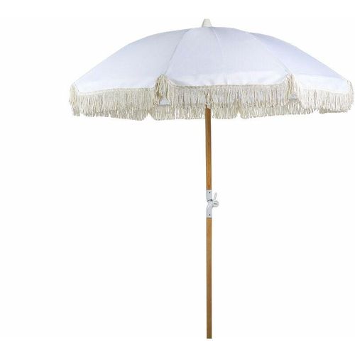 4255664811967 - Beliani - Sonnenschirm Weiß Stoff-Bespannung Rund ⌀ 150 cm mit Volant Regenschutz Holzmast Neigungsfunktion Kurbel Boho Garten Outdoor Balkon Terrasse