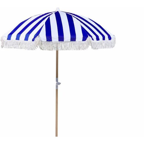 4255664812001 - Beliani - Sonnenschirm Blau Stoff-Bespannung Rund ⌀ 150 cm mit Volant Regenschutz Holzmast Neigungsfunktion Kurbel Boho Garten Outdoor Balkon Terrasse