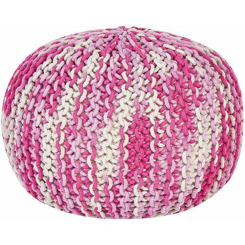 4255664805249 - Beliani - Pouf Weiß und Rosa Baumwolle ⌀ 50 cm Rund Gefochten Gestrickt Strickhocker Strickpouf Boho für Wohnzimmer Schlafzimmer Deko Haushalt Wohnen