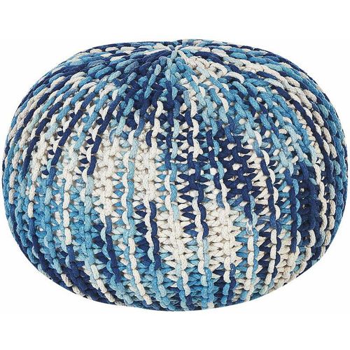 4255664805232 - Pouf Weiß und Blau Baumwolle ⌀ 50 cm Rund Gefochten Gestrickt Strickhocker Strickpouf Boho für Wohnzimmer Schlafzimmer Deko Haushalt Wohnen - Weiß