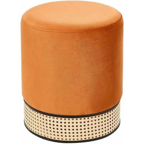 4255664836571 - Pouf Orange Samt ⌀ 35 cm mit Wiener-Geflecht Rund Einfarbig Modern Glamourös Sitzhocker Ottoman Fußhocker Schemel für Wohnzimmer Schlafzimmer