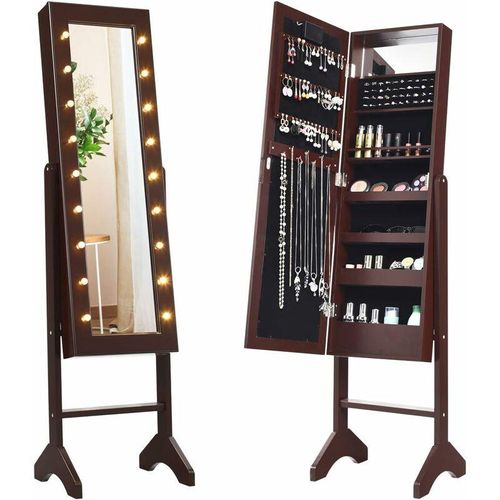 0736542306903 - 18 LED-Schmuckschrank neigungsverstellbar Schmuckregal mit Ganzkoerperspiegel und kleinem Schminkspiegel Schmuck Spiegelschrank für Makeup Braun