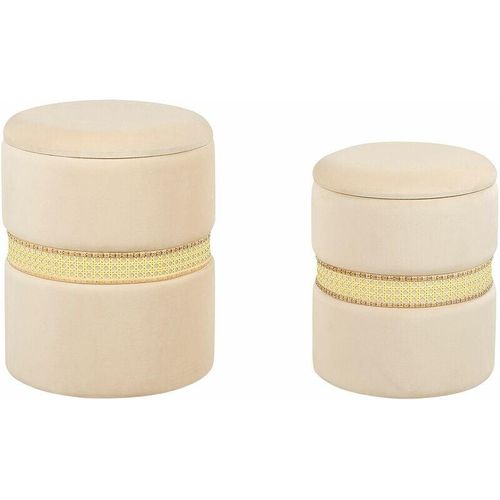 4255664836373 - Beliani - Pouf 2er Set Creme Samtstoff mit Stauraum Wiener-Geflecht Rund 34 cm und 30 cm Modern Deko Ottomane Sitzpouf für Schminktisch Ankleidezimmer