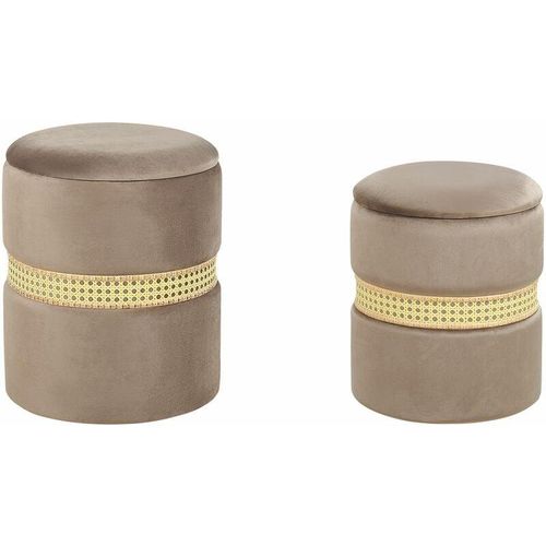 4255664836380 - Beliani - Pouf 2er Set Taupe Samtstoff mit Stauraum Wiener-Geflecht Rund 34 cm und 30 cm Modern Deko Ottomane Sitzpouf für Schminktisch Ankleidezimmer