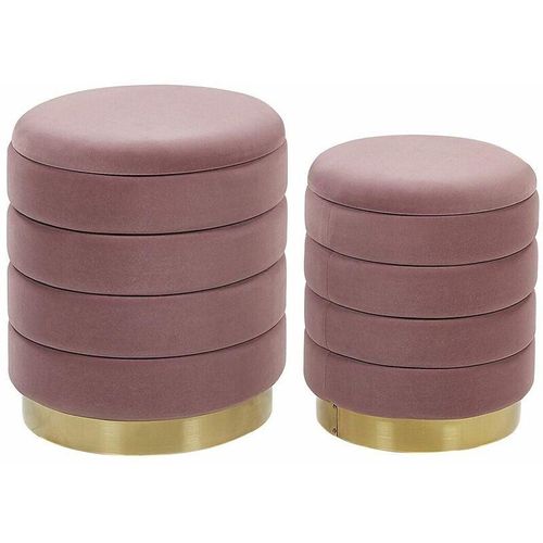 4251682242028 - Beliani - Pouf 2er Set Rosa Samtstoff Gesteppt Rund mit Stauraum Goldfuß Modern Glamourös für Wohnzimmer Schlafzimmer Flur Garderobe Schminktisch