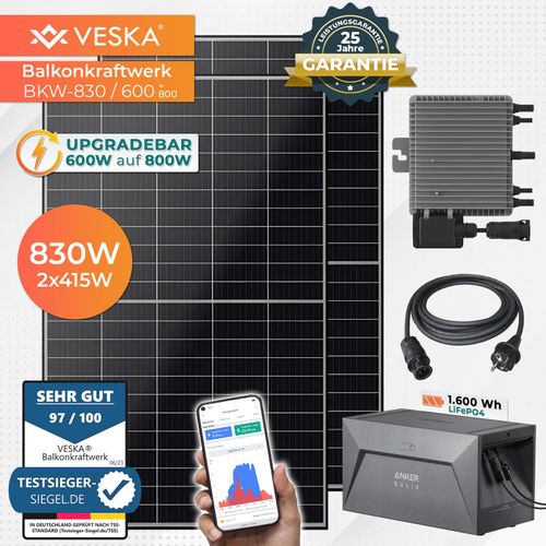4054748021014 - VESKA® Balkonkraftwerk 830W 600 mit Upgradefunktion auf 800W und 16 kWh Batteriespeicher 4054748021014 - VESKA® Balkonkraftwerk 830W 600 mit Upgradefunktion auf 800W und 16 kWh Batteriespeicher