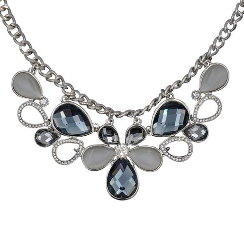 4039787006628 - Modeschmuck Halskette Metall silberfarben mit Blüten-Zierde grau weiß