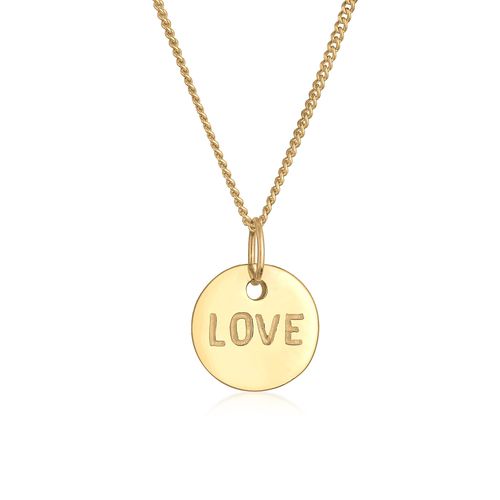 4050878528294 - Kette mit Anhänger ELLI PREMIUM Love-Schriftzug Liebe Wording 585 Gelbgold Halsketten Gr 45 ohne Stein Gelbgold 585 Länge 45 cm goldfarben (gold) Damen Ketten mit Anhänger