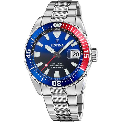 8430622817021 - Taucheruhr FESTINA The Originals Diver Armbanduhren silberfarben (silberfarben blau rot) Taucheruhren ArmbanduhrQuarzuhrHerrenuhrbis 20 bar wasserdicht Edelstahlarmband