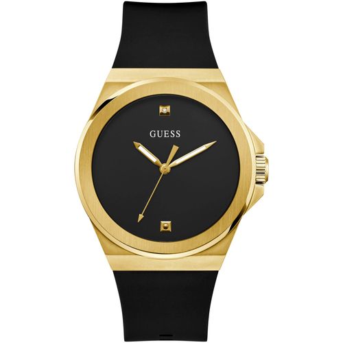 0091661544712 - Quarzuhr GUESS VINYL Armbanduhren schwarz (schwarz gelbgoldfarben) Herren Armbanduhr Herrenuhr Silikonarmband Mineralglas analog