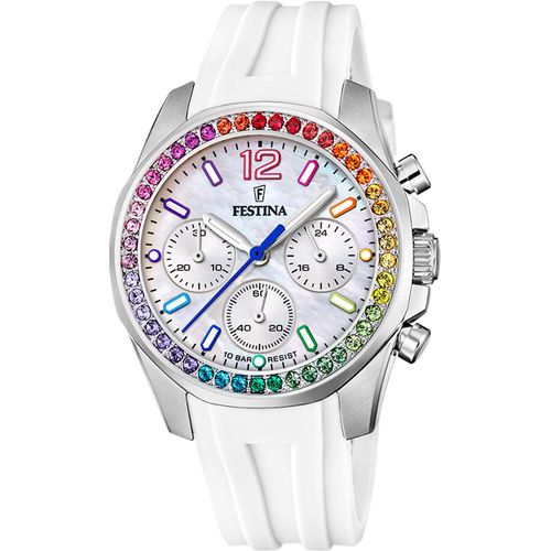 8430622789052 - Chronograph FESTINA Boyfriend F20610 2 Armbanduhren weiß Damen Armbanduhr Quarzuhr Damen Stoppfunktion Zirkonia Regenbogenfarben