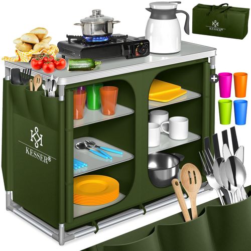 4260751941922 - Campingschrank Campingküche mit Aluminiumgestell inklTragetasche Kocherschrank für Camping Outdoor-Campingmöbel Typ F6 (Khaki) - Grün - Kesser