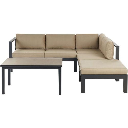 4255664884954 - Lounge Set Schwarz Aluminium mit Auflagen Sandbeige Stoff Skandi Modern 5-Sitzer Ecksofa Tisch Ottomane Terrasse Garten Möbel