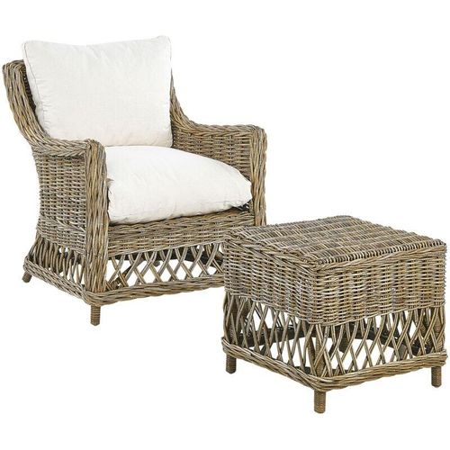 4251682280815 - Beliani - Gartensessel Natürlich Rattan mit Hocker 2 Auflagen Cremeweiß Baumwolle Terrasse Balkon Außen Wohnzimmer Gartenzubehör im Retro Stil