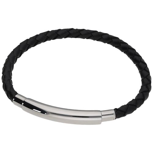 4007810232948 - Armband JACQUES CHARREL mit schwarzem Leder geflochten Edelstahl Gr 19 cm Edelstahl schwarz Damen Armbänder