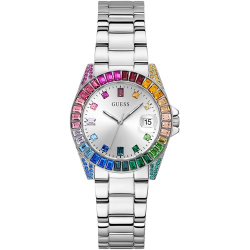 0091661543135 - Quarzuhr GUESS OPALINE Armbanduhren silberfarben Damen Armbanduhr Damenuhr Datum Kristallsteine Mineralglas analog