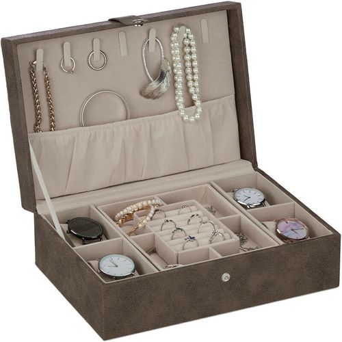 4052025982904 - Schmuckkästchen Lederoptik Samt Schmuckkasten für Damen & Herren HxBxT 10 x 29 x 20 cm Schmuckbox braun - Relaxdays