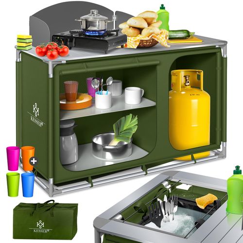 4260751941939 - Campingschrank Campingküche mit Aluminiumgestell inklTragetasche Kocherschrank für Camping Outdoor-Campingmöbel Typ F4 (Khaki) - Grün - Kesser
