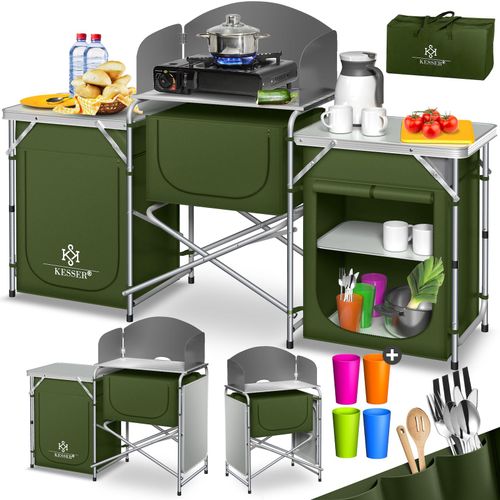 4260751941946 - Campingschrank Campingküche mit Aluminiumgestell inklTragetasche Kocherschrank für Camping Outdoor-Campingmöbel Typ Big (Khaki) - Grün - Kesser