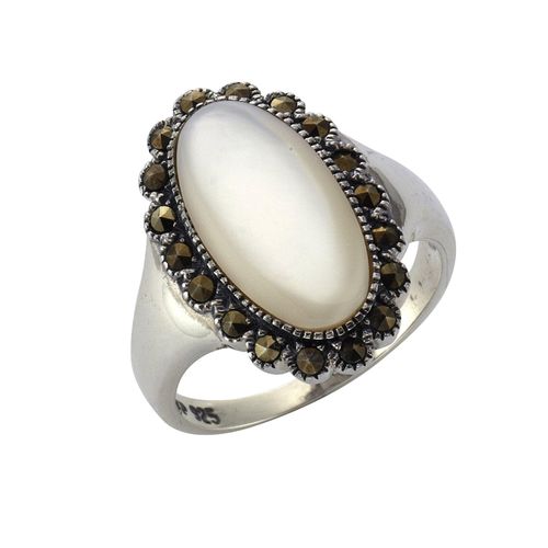 4006046222266 - Fingerring ZEEME Silber 925 oxydiert mit weißem Perlmutt und 18 Markasit-Steinen Fingerringe Gr 052 (166) Silber 925 (Sterlingsilber) schwarz (schwarz schwarz) Damen