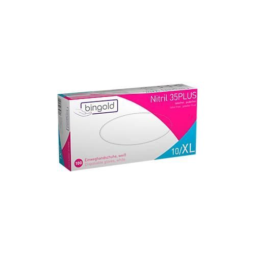 4004034634336 - Schutzhandschuhe BINGOLD Nitril 35PLUS Einweg mikrotextuierte Fingerspitzen puderfrei Nitril weiß Größe XL 100 Stück 4004034634336 - Schutzhandschuhe BINGOLD Nitril 35PLUS Einweg mikrotextuierte Fingerspitzen puderfrei Nitril weiß Größe XL 100 Stück